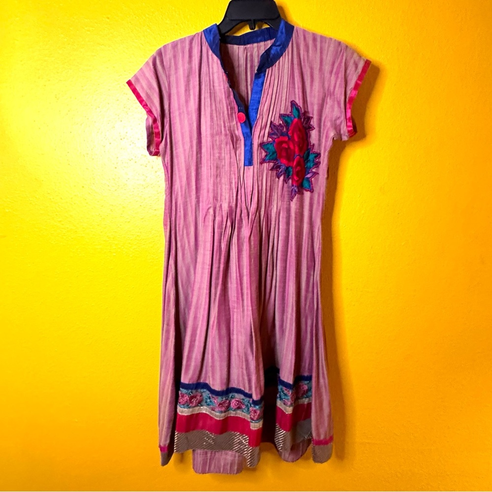 Striped Pink Midi Dress with Floral Embroidery